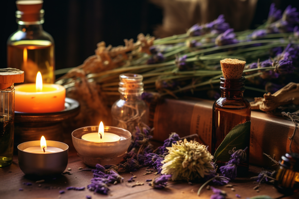 Ein gemütliches Spa-Ambiente mit brennenden Kerzen, bernsteinfarbenen Glasflaschen mit ätherischen Ölen und getrockneten Lavendelzweigen, die auf einer rustikalen Holztischoberfläche angeordnet sind.