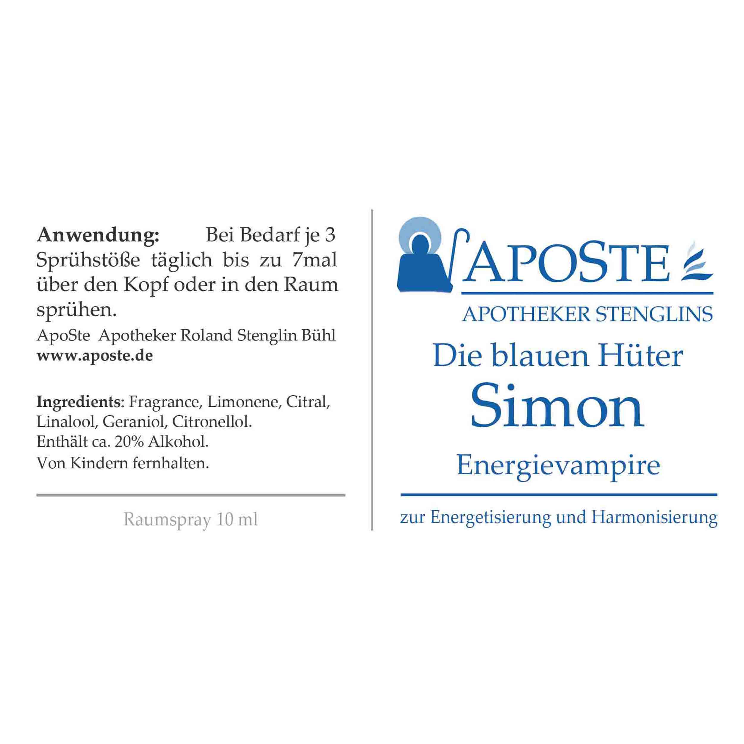 ApoSte Energiespray und Aura-Produktetikett für Simon, entwickelt für energetische Harmonisierung und Raumreinigung.