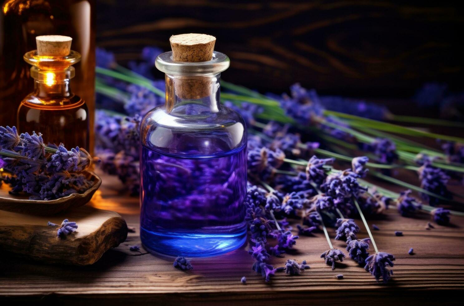 Eine Glasflasche mit violettem ätherischem Lavendelöl steht auf einem Holztisch, umgeben von frischen Lavendelzweigen und einer warm leuchtenden Bernsteinflasche.