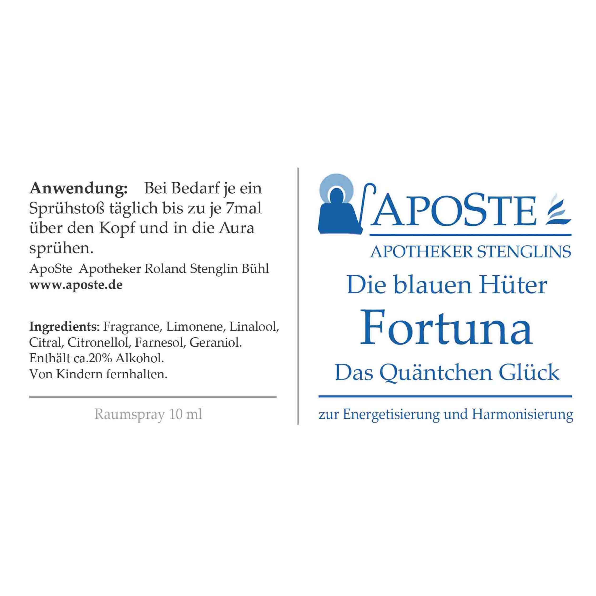 ApoSte ApoSte Fortuna Energiespray und Aura-Produktetikett zur spirituellen Harmonisierung und energetischen Unterstützung des Wohlbefindens. ApoSte