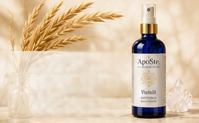 Eine blaue Glassprühflasche mit der Aufschrift „ApoSte“ steht auf einer Oberfläche neben einer Glasvase mit Weizenstängeln und einem kleinen klaren Kristall vor beigem Hintergrund.