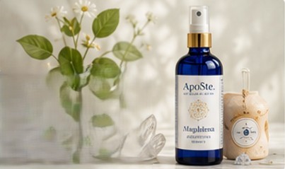 Eine blaue Glassprühflasche mit der Aufschrift „ApoSte“ steht neben einem kleinen Keramikgefäß und einer Vase mit weißen Gänseblümchen vor einem weichen, sonnenbeschienenen Hintergrund.