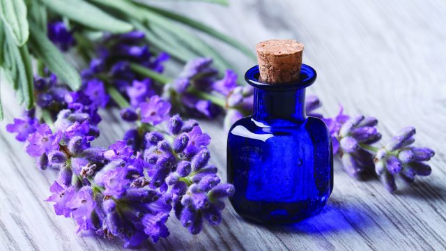 Eine kleine blaue Glasflasche mit Korkstopfen steht neben frischen lila Lavendelzweigen auf einer hellen Holzoberfläche und ruft ein Gefühl der Entspannung hervor.