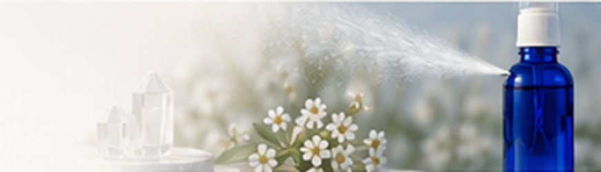 Eine blaue Glassprühflasche verströmt einen feinen Nebel in der Nähe von weißen Blumen und klaren Quarzkristallen auf einem hellen, weichgezeichneten Hintergrund für ein Spa-Thema.
