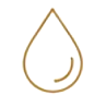 Ein einfaches, minimalistisches goldfarbenes Umrisssymbol eines einzelnen Wassertropfens in der Mitte vor einem schlichten schwarzen Hintergrund, der Flüssigkeit oder Flüssigkeitszufuhr darstellt.