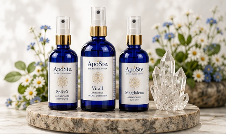 Drei blaue Glassprühflaschen von ApoSte mit den Aufschriften SpikeX, Virall und Magdalena, ausgestellt auf einem Marmorständer mit klarem Quarzkristall und Blumen.