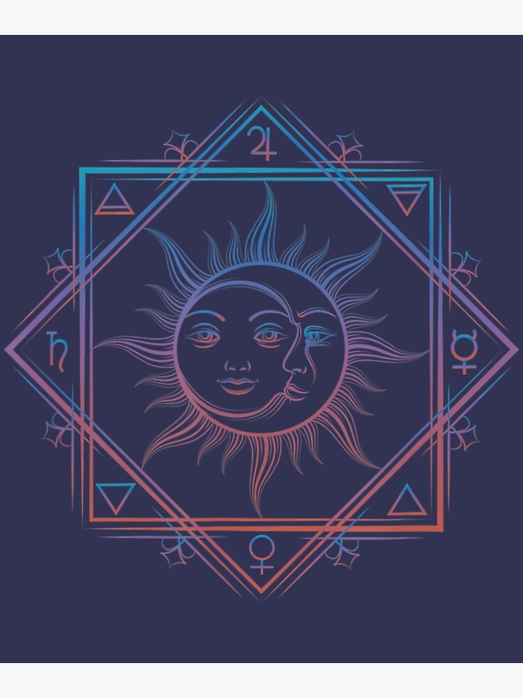 Ein Sonnen- und Mondgesicht mit Farbverlauf in einem geometrischen Diamant- und Quadratrahmen mit mystischen Planetensymbolen auf dunkelviolettem Hintergrund.